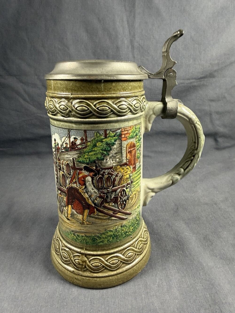 Vintage Gertz Beer Stein Pewter Lid Horses Barrel Wagon